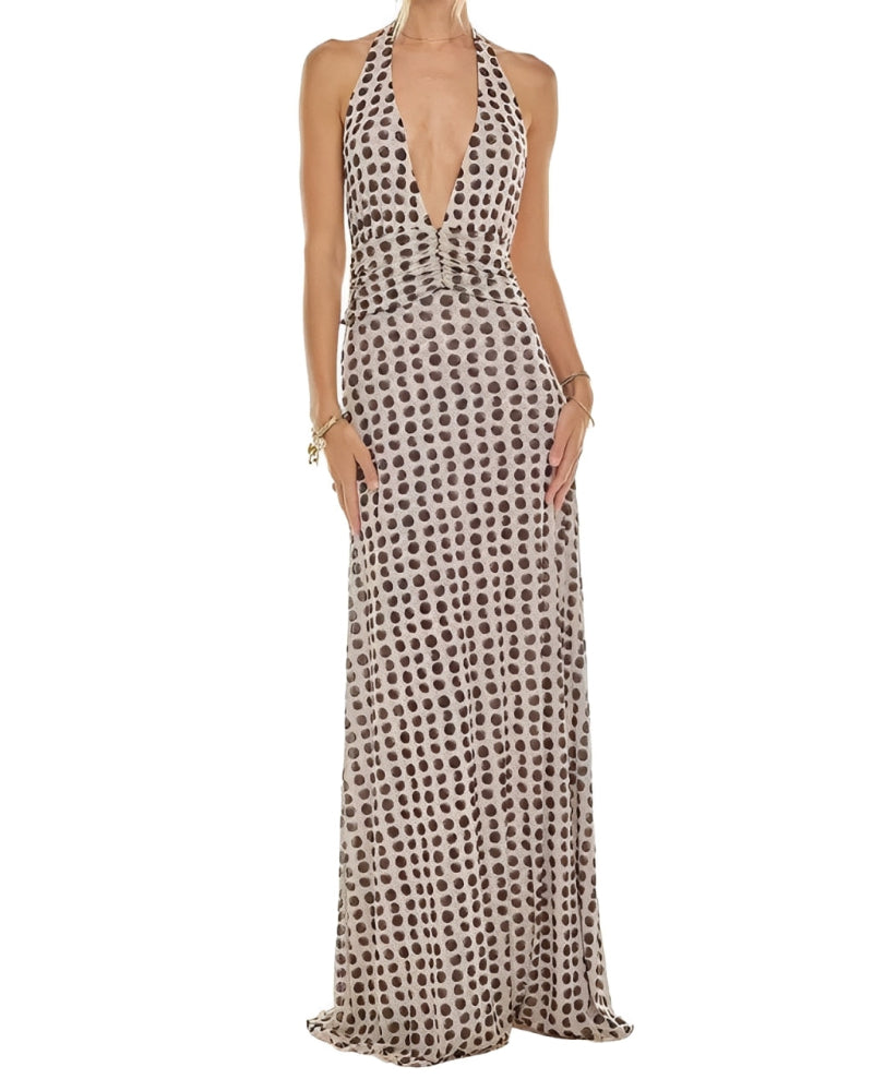 Womens Halter Backless Floral Dot Maxi Dress