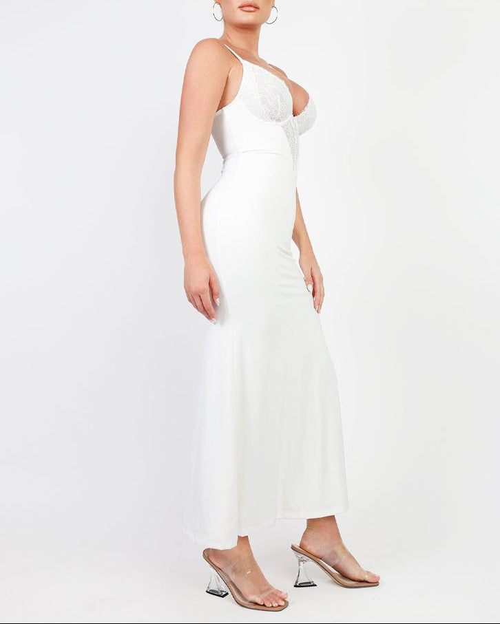 Deep-V Lace High-Slit Maxi Dress with Built-In Shapewear