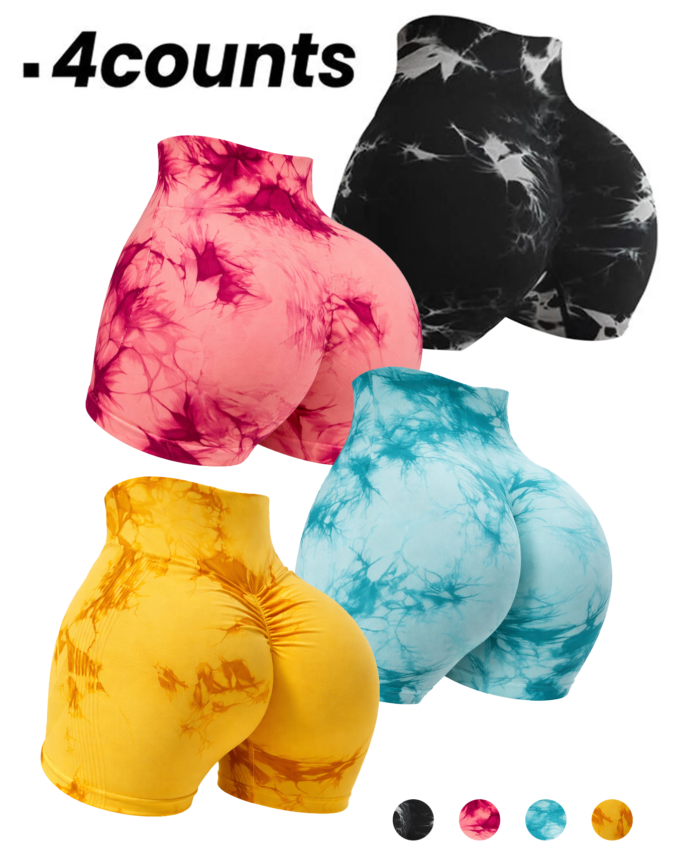 High Waist Seamless Tie Dye Yoga Shorts (4 Pack)