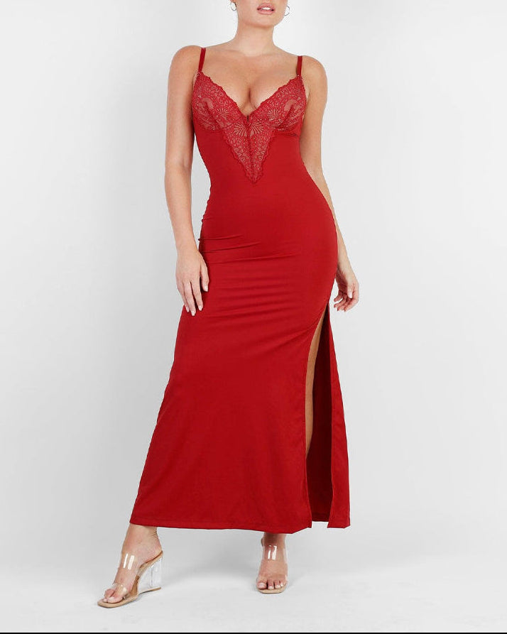 Deep-V Lace High-Slit Maxi Dress with Built-In Shapewear