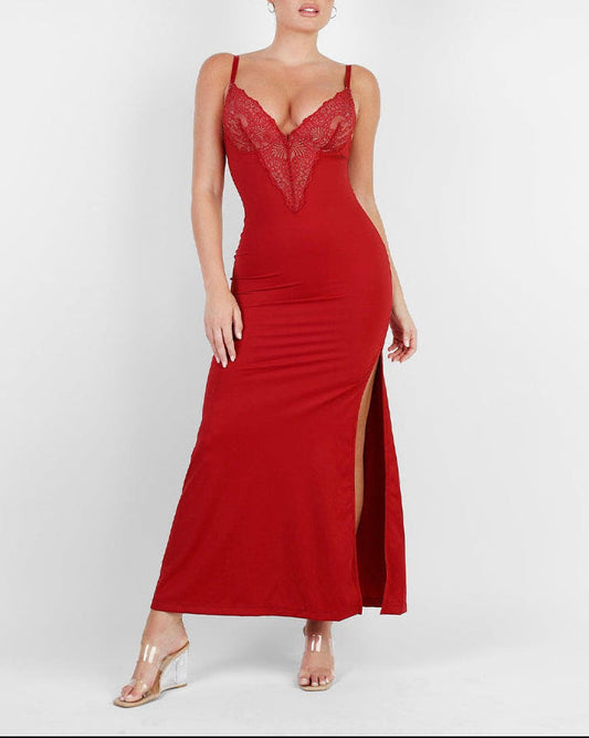 Deep-V Lace High-Slit Maxi Dress with Built-In Shapewear