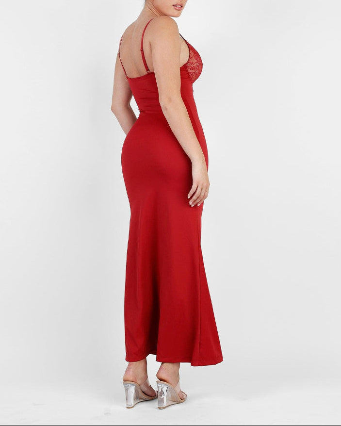Deep-V Lace High-Slit Maxi Dress with Built-In Shapewear