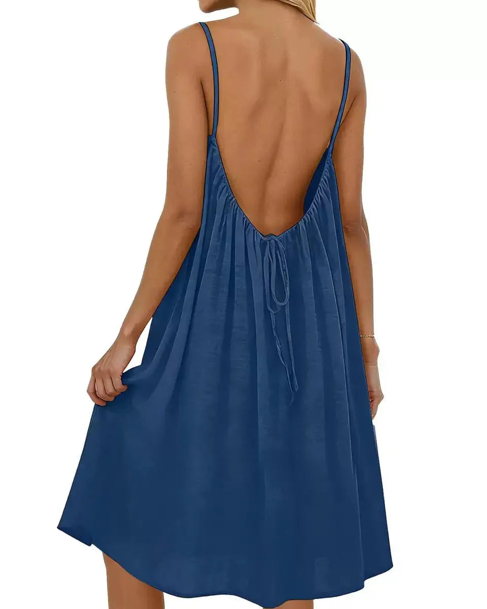 Knee-Length Solid Color Backless Cami Dress