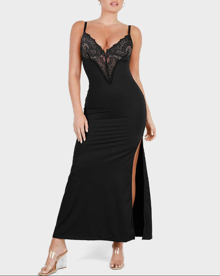 Deep-V Lace High-Slit Maxi Dress with Built-In Shapewear