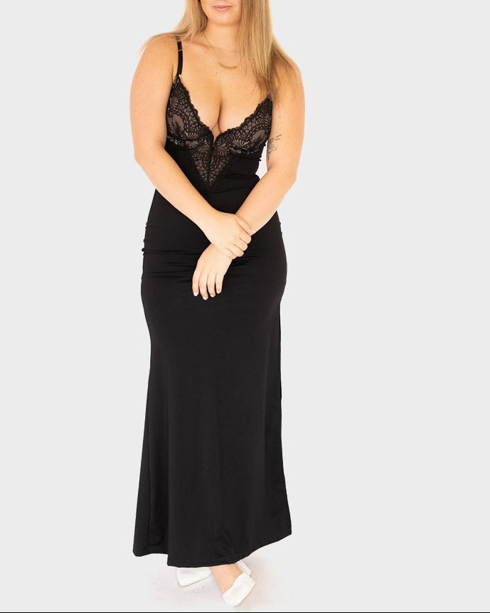 Deep-V Lace High-Slit Maxi Dress with Built-In Shapewear