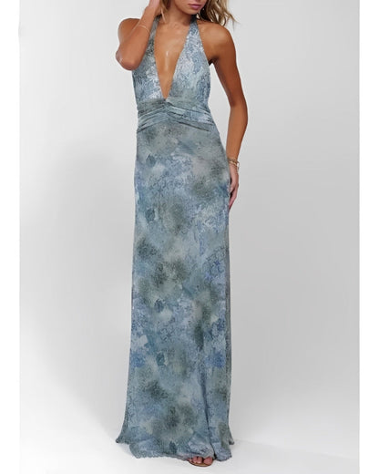 Womens Halter Backless Floral Dot Maxi Dress